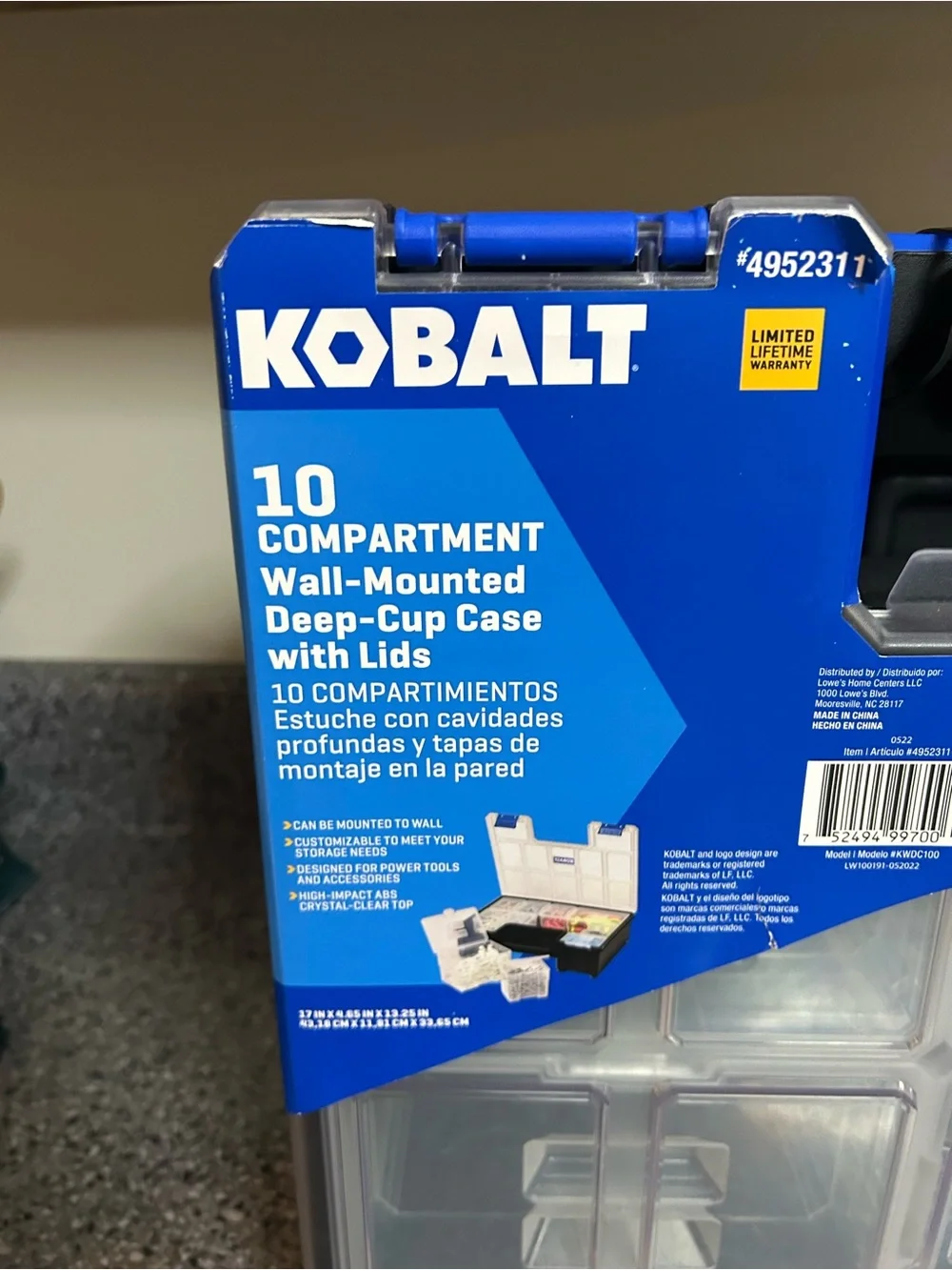 Kobalt 10-Compartment Wall-Mount Storage Case in Clear with Blue Accents